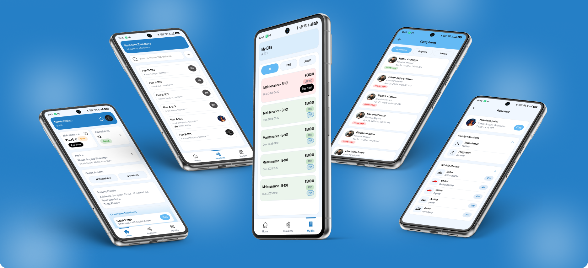Sosayty app shown across five phones — dashboard, resident directory, bills, complaints and resident profile